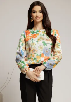 Bluza alba din satin cu imprimeuri oranj si croi lejer imagine