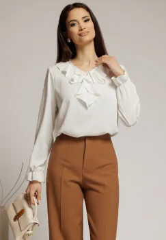 Bluza alba eleganta cu volanase si snur la decolteu imagine