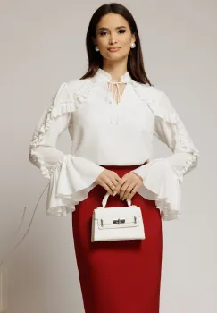 Bluza alba eleganta din voal plin cu volanase pe maneci si snur la decolteu imagine