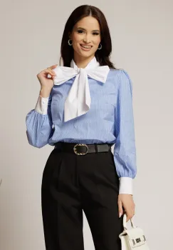 Bluza albastra cu dungi albe din poplin cu esarfa tip funda la gat imagine