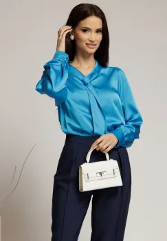 Bluza albastra din satin cu croi lejer si guler tip esarfa imagine