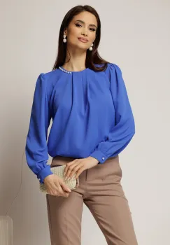 Bluza albastra din voal plin cu perle la decolteu si pliuri imagine