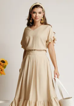 Bluza bej din rayon cu croi drept si volanase la maneci imagine