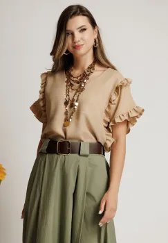 Bluza bej din rayon cu croi drept si volane la maneci imagine