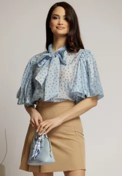 Bluza bleu cu buline din tencel cu maneci bufante si guler funda imagine