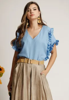 Bluza bleu din rayon cu croi drept si volane la maneci imagine