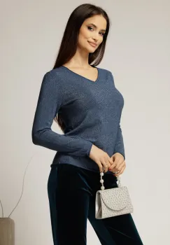 Bluza bleumarin din tricot cu decolteu in V si fir lurex imagine