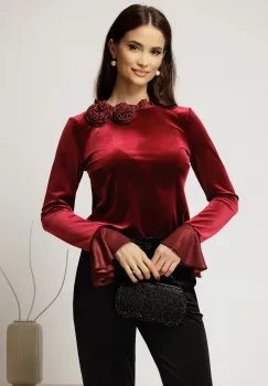 Bluza bordo din catifea cu detaliu floral si guler incretit imagine