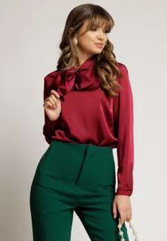 Bluza bordo din satin eleganta cu funda la decolteu imagine