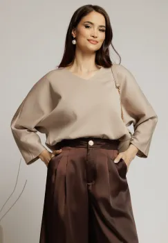 Bluza casual din jerse bej inchis cu funda la spate imagine