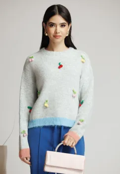 Bluza casual din tricot gri cu cirese crosetate imagine