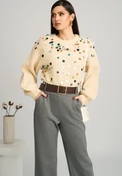 Bluza casual din tricot ivory cu paiete maxi colorate imagine