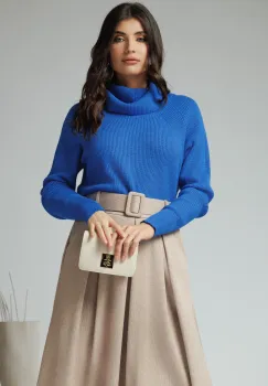 Bluza casual din tricot reiat albastra cu guler maxi imagine