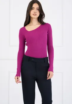 Bluza casual din tricot reiat magenta cu decolteu in colt imagine