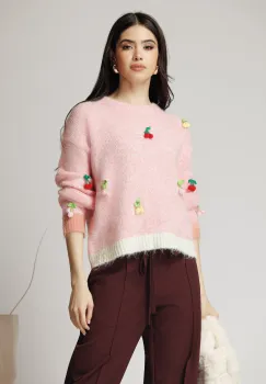 Bluza casual din tricot roz cu cirese crosetate imagine