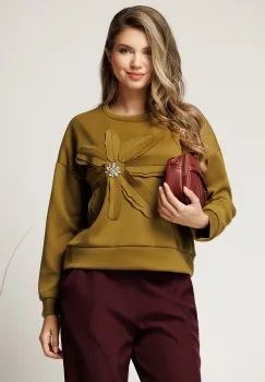 Bluza casual galben mustar cu floare maxi si strasuri imagine