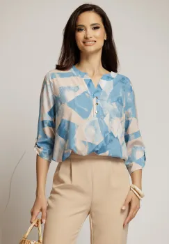 Bluza dama cu imprimeu bej si bleu si croiul lejer imagine