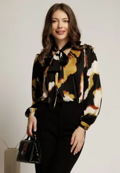 Bluza dama din satin in nuante de negru si maro cu funda la guler imagine