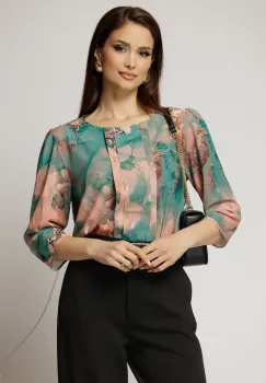 Bluza din triplu voal cu imprimeu verde oranj si pliuri imagine