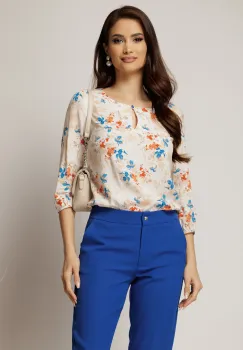 Bluza din viscoza cu imprimeu bej si albastru imagine