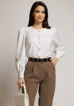Bluza DY Fashion alba din bumbac cu maneci lungi si nasturi eleganti imagine