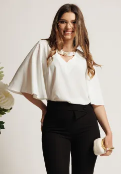 Bluza DY Fashion alba din voal vaporoasa cu aplicatie la decolteu imagine