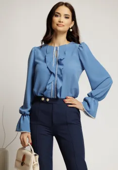 Bluza DY Fashion albastra cu volanase si perle elegante din voal plin imagine