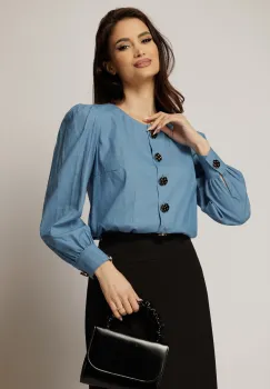 Bluza DY Fashion albastra din bumbac cu maneci lungi si nasturi eleganti imagine