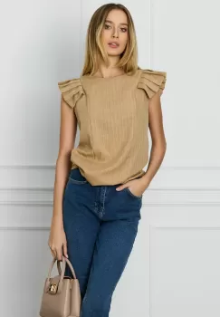 Bluza DY Fashion bej cu dungi si maneci plisate imagine