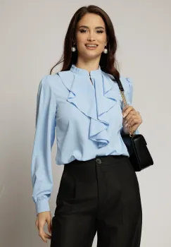 Bluza DY Fashion bleu cu volanas maxi la decolteu din voal plin imagine