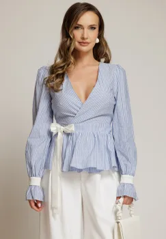 Bluza DY Fashion bleu in dungi din poplin cu decolteu petrecut si maneci evazate imagine