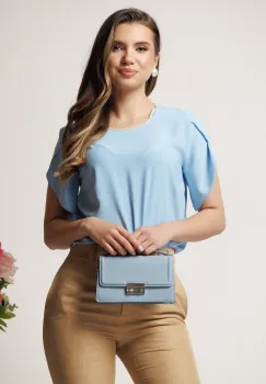 Bluza DY Fashion bleu lejera din voal cu perle la decolteu imagine