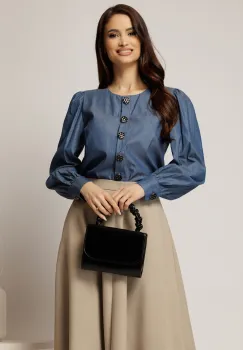 Bluza DY Fashion bleumarin din bumbac cu maneci lungi si nasturi eleganti imagine