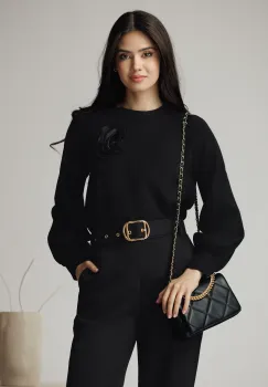 Bluza DY Fashion casual din jerse neagra cu floare din organza imagine