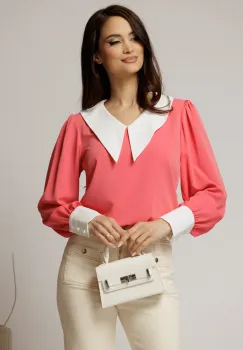 Bluza DY Fashion corai cu gulerul ascutitdin voal fluid imagine