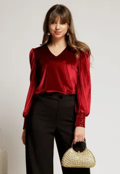 Bluza DY Fashion din catifea bordo cu mansete din paiete si decolteu in V imagine