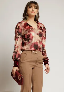 Bluza DY Fashion din catifea cu imprimeu grena si decolteu in V imagine