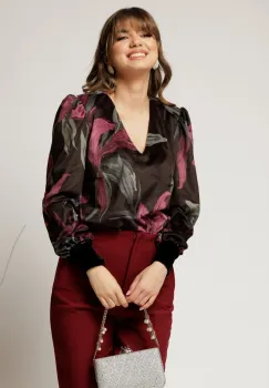 Bluza DY Fashion din catifea cu imprimeu mov si decolteu in V imagine