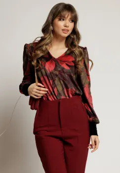 Bluza DY Fashion din catifea cu imprimeu rosu si decolteu in V imagine