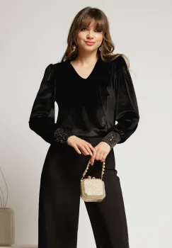 Bluza DY Fashion din catifea neagra cu mansete din paiete si decolteu in V imagine