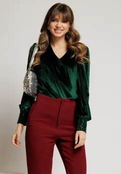 Bluza DY Fashion din catifea verde cu mansete din paiete si decolteu in V imagine