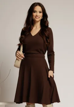 Bluza DY Fashion din tricot maro cu decolteu in V imagine