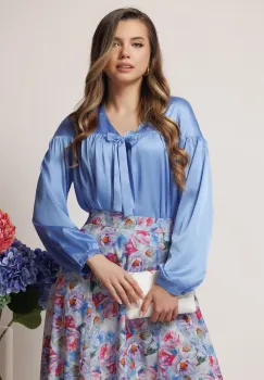 Bluza DY Fashion eleganta din satin bleu cu funda si pliuri imagine