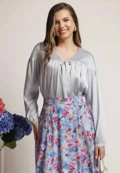 Bluza DY Fashion eleganta din satin gri cu funda si pliuri imagine