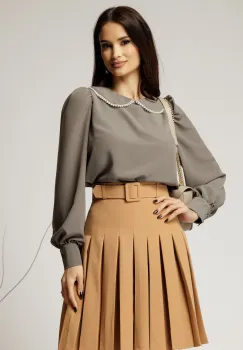 Bluza DY Fashion eleganta din triplu voal gri cu detalii perlate la guler imagine