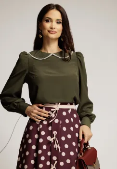 Bluza DY Fashion eleganta din triplu voal kaki cu detalii perlate la guler imagine