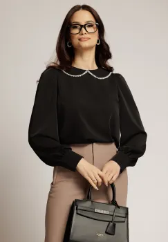 Bluza DY Fashion eleganta din triplu voal neagra cu detalii perlate la guler imagine