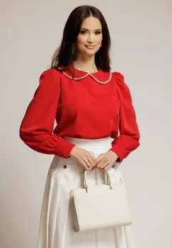 Bluza DY Fashion eleganta din triplu voal rosie cu detalii perlate la guler imagine