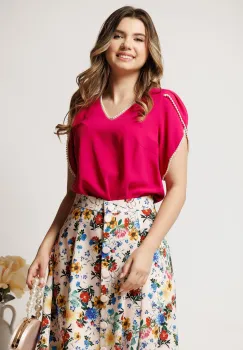 Bluza DY Fashion fucsia din voal cu perlute si maneci lalea imagine