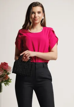 Bluza DY Fashion fucsia lejera din voal cu perle la decolteu imagine